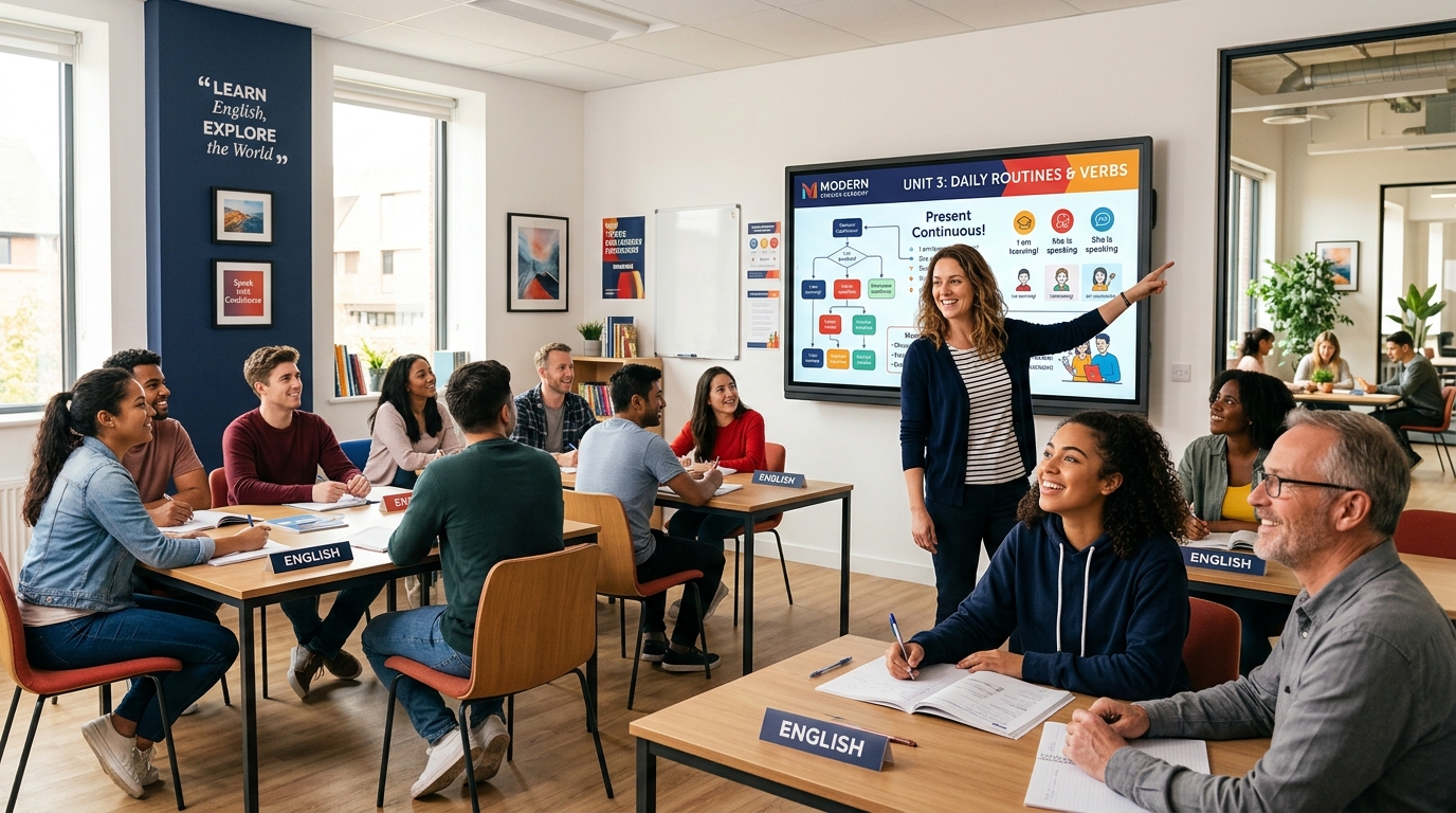 Docente y alumnos interactuando con pizarra digital inteligente en English Studio